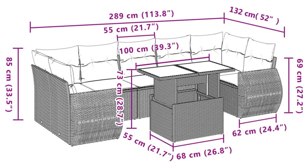 8 pcs conjunto sofás de jardim c/ almofadões vime PE castanho