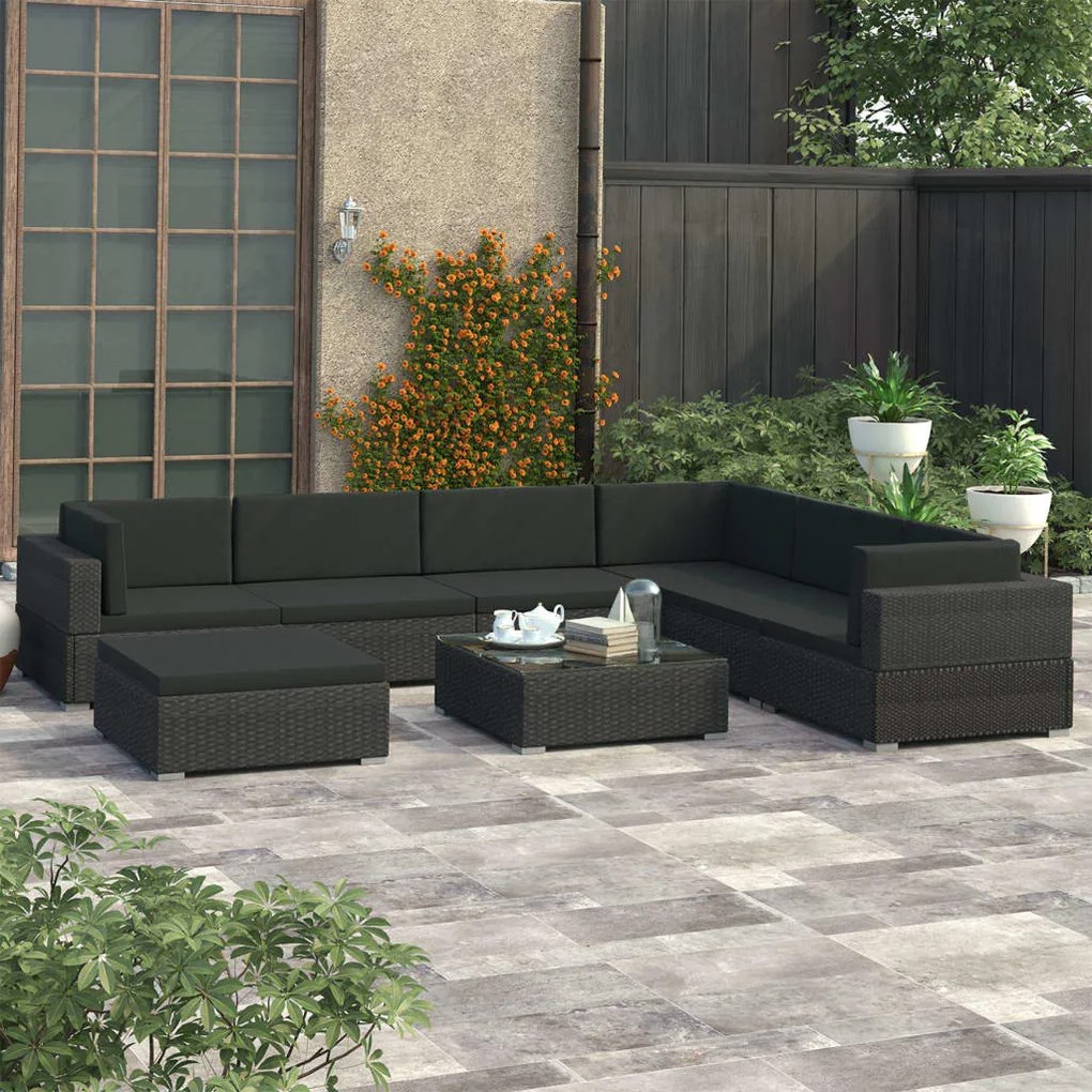 vidaXL 8 pcs conjunto lounge de jardim c/ almofadões vime PE preto