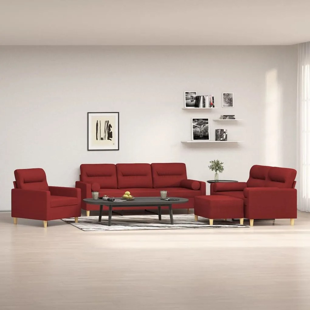 vidaXL 4 pcs conjunto de sofás c/ almofadões tecido vermelho tinto