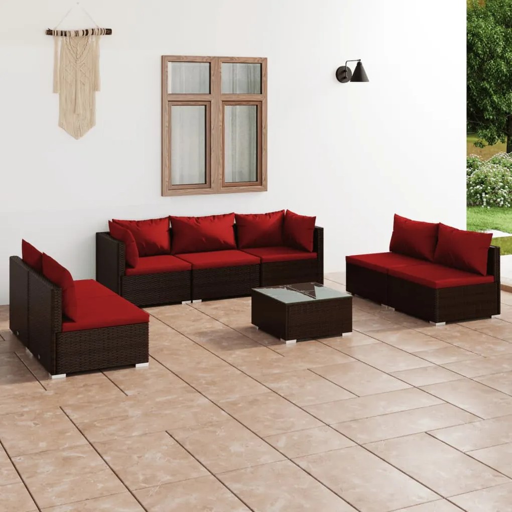 vidaXL 8 pcs conjunto lounge jardim c/ almofadões vime PE castanho