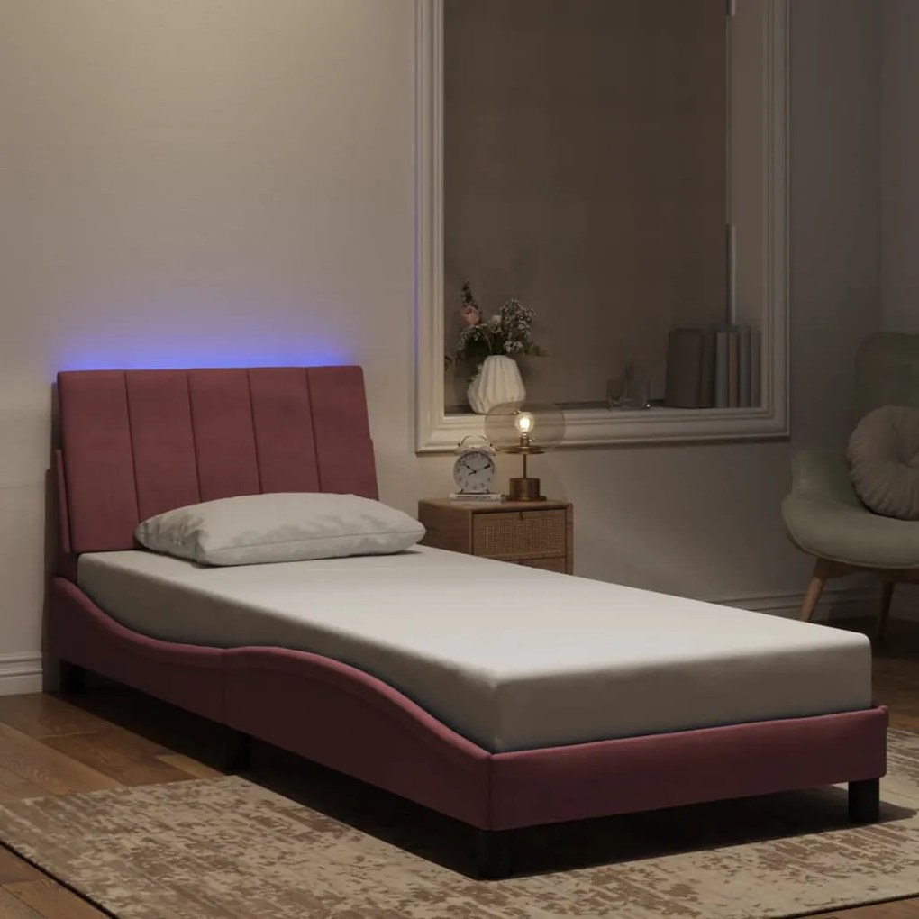 Estrutura de cama c/ luzes LED 90x200 cm veludo rosa