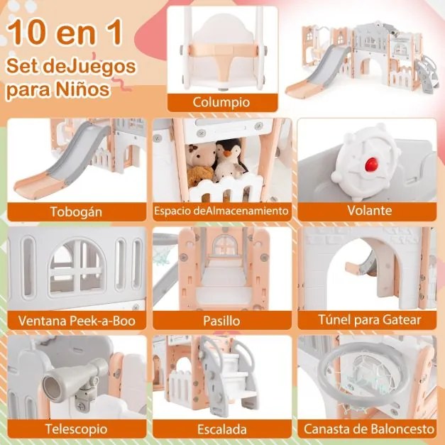 Conjunto de baloiço e escorrega 10 em 1 para crianças com cesto de basquetebol telescópico e corredor infantil Cinza + Rosa