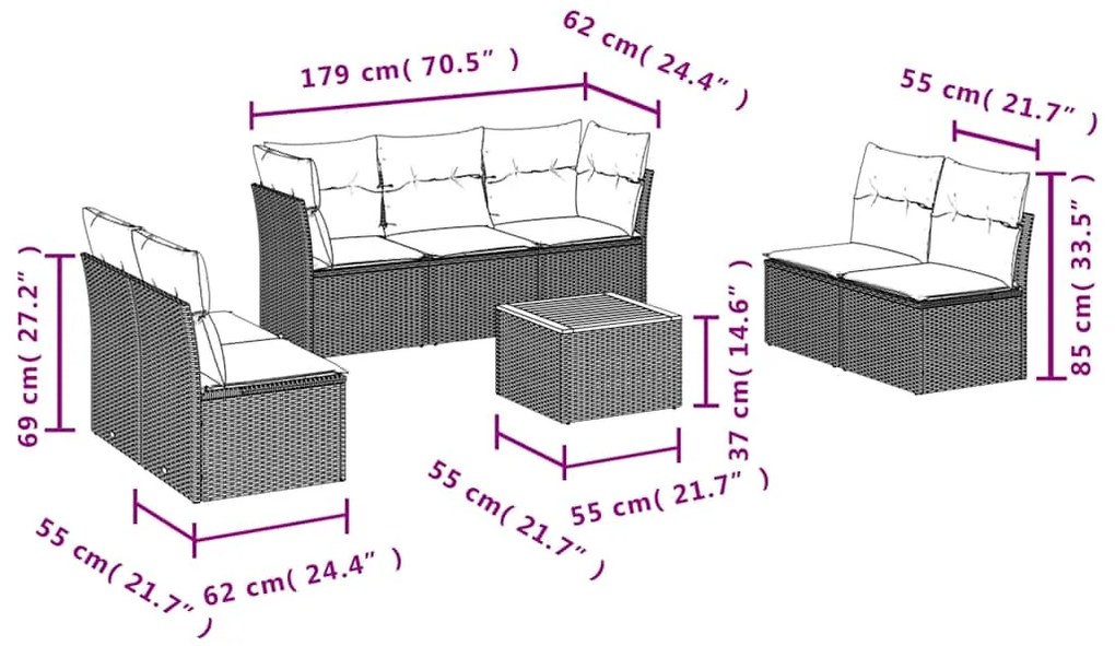 8 pcs conjunto sofás de jardim com almofadões vime PE preto