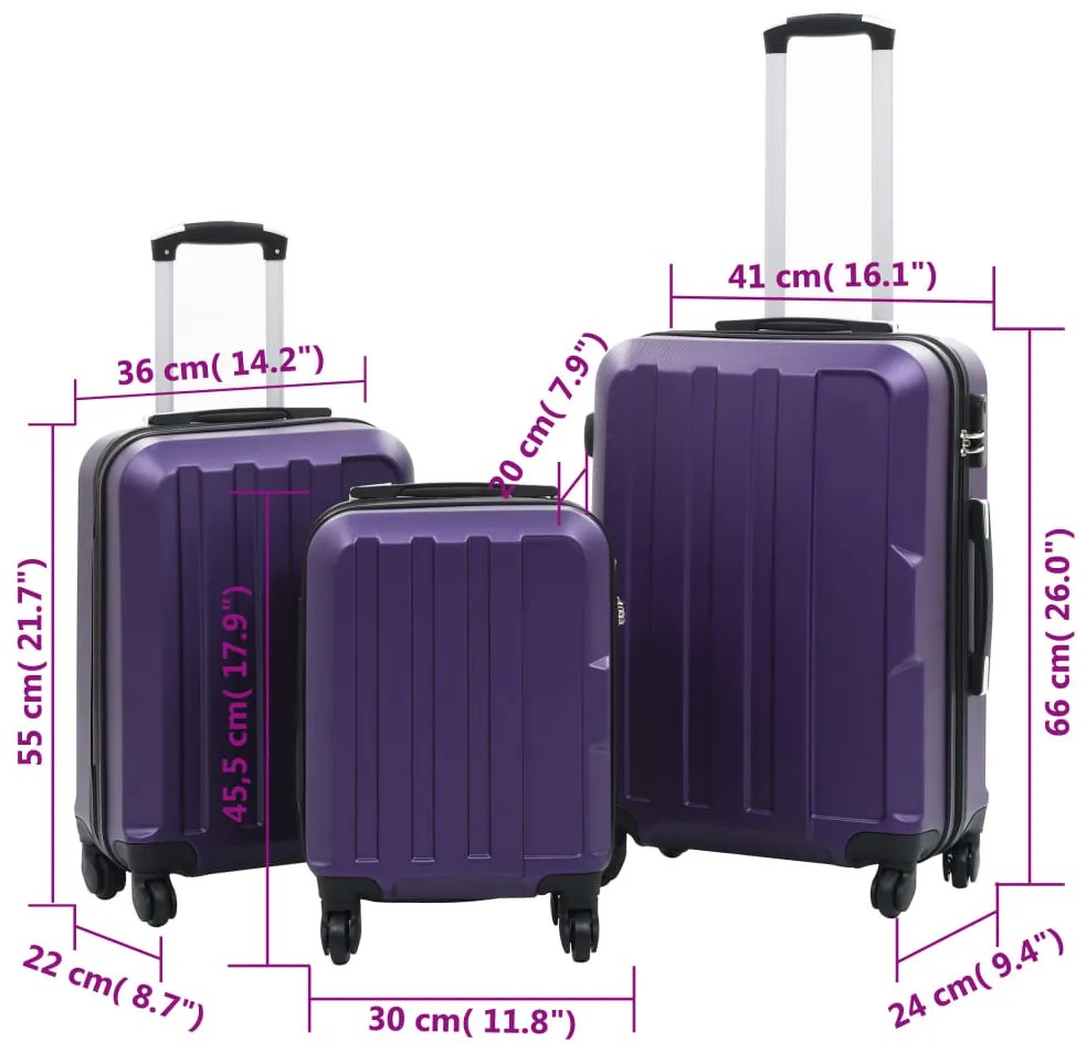Conjunto de tróleis estojo rígido 3 pcs ABS roxo