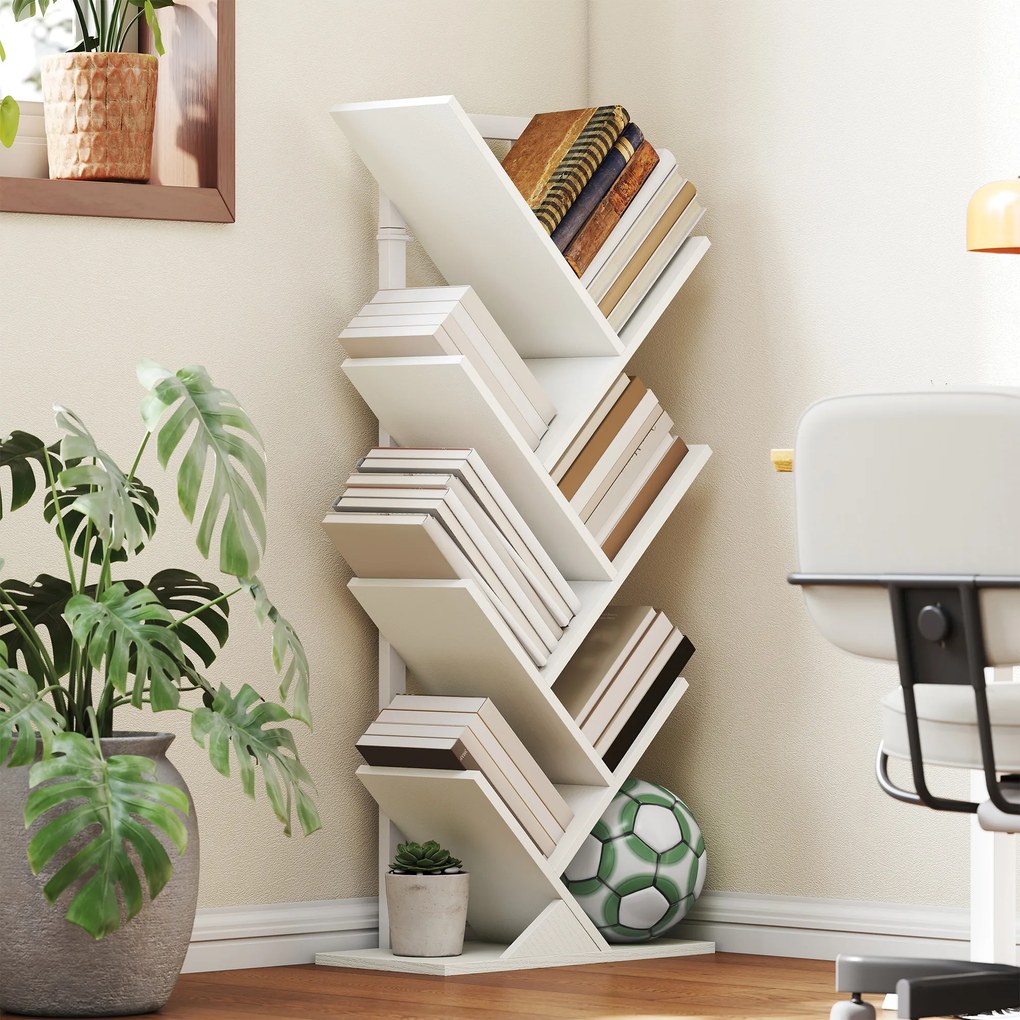 Estante em Forma de Árvore de 7 Níveis Estante de Livros com 7 Prateleiras e Estrutura de Aço 50x24x109 cm Branco