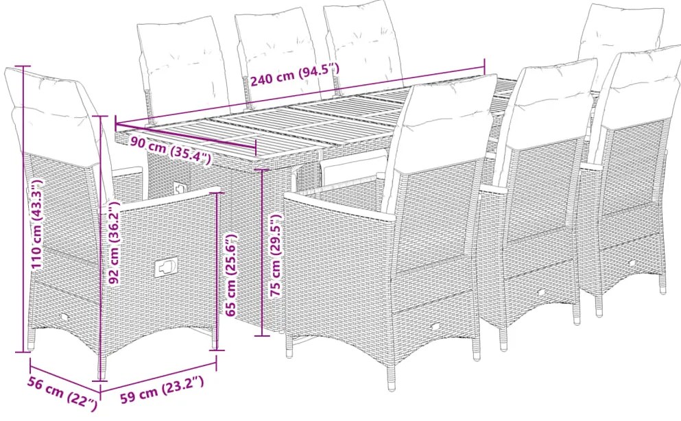 9 pcs conjunto bistrô de jardim c/ almofadões vime PE cinzento