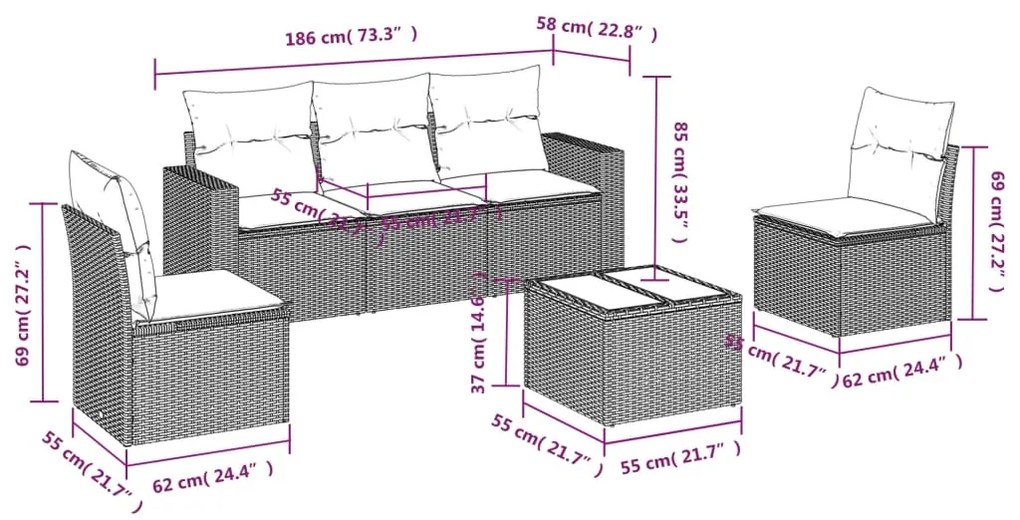 6 pcs conj. sofás jardim com almofadões vime PE cinzento-claro