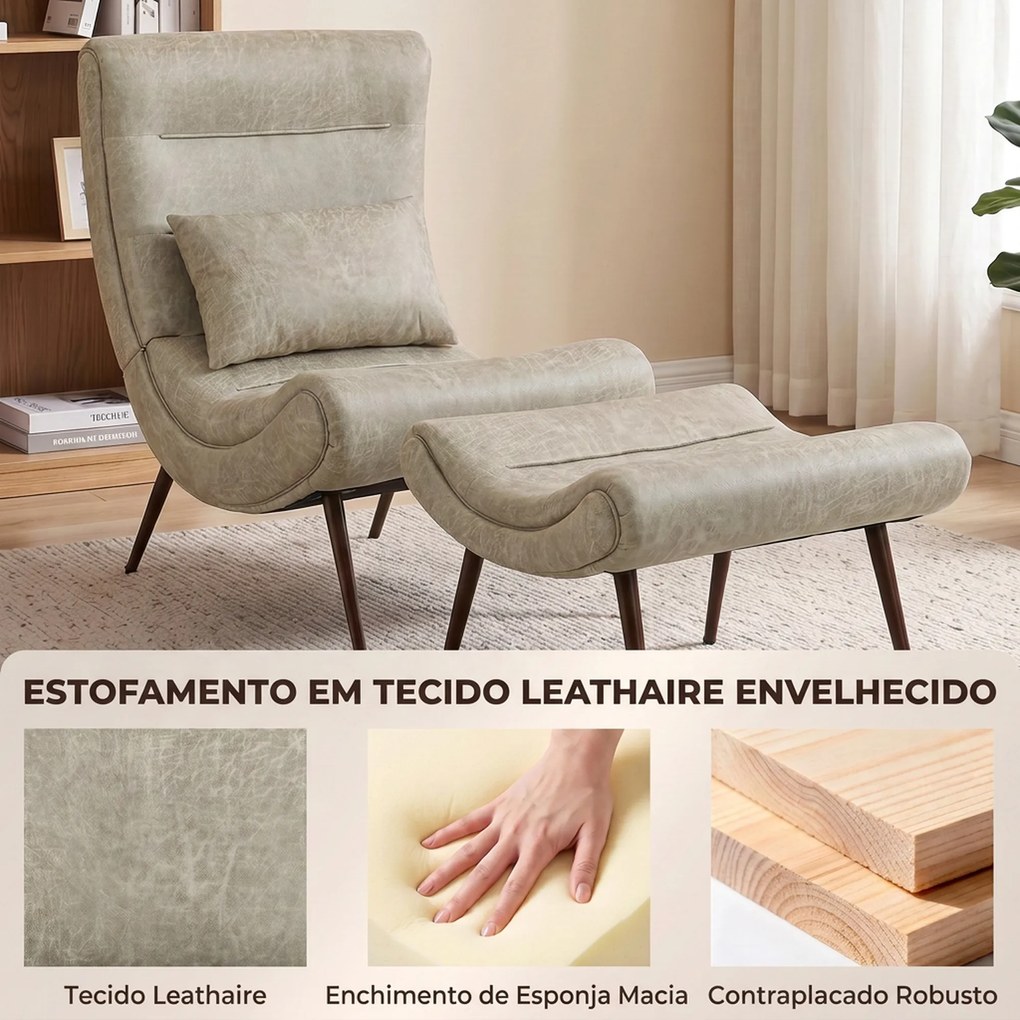 Poltrona Retro com Apoia-pés em Leathaire e Almofada Lombar, Branco Creme