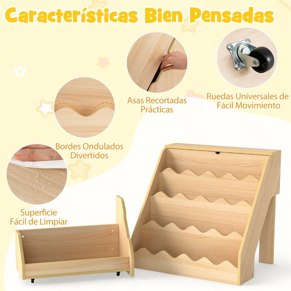 Estante de madeira para crianças 63 x 49 x 61,5 cm com 4 níveis, prateleiras abertas, gaveta com rodízios e caixa com tampa, em tom de madeira natural