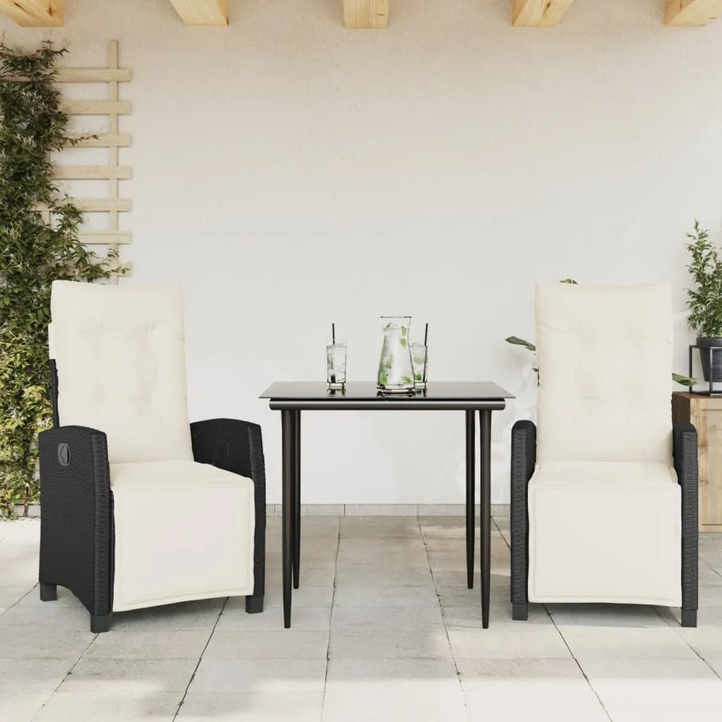 vidaXL 3 pcs conjunto de jantar p/ jardim c/ almofadões vime PE preto