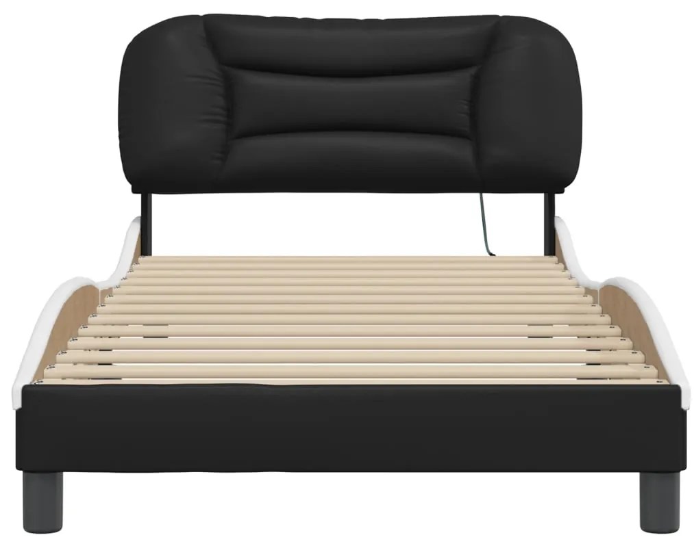Estrutura cama c/ luzes LED 100x200cm couro artif. preto/branco