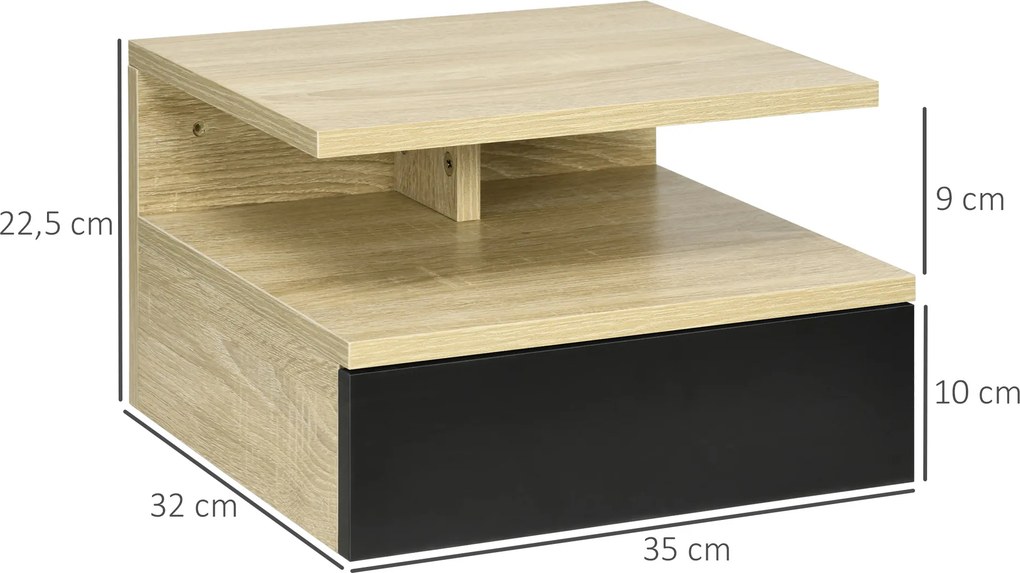 Conjunto de 2 mesas de cabeceira de parede com gaveta deslizante 35 x 32 x 22,5 cm, compartimento aberto, tabuleiro - Preto e cor Carvalho