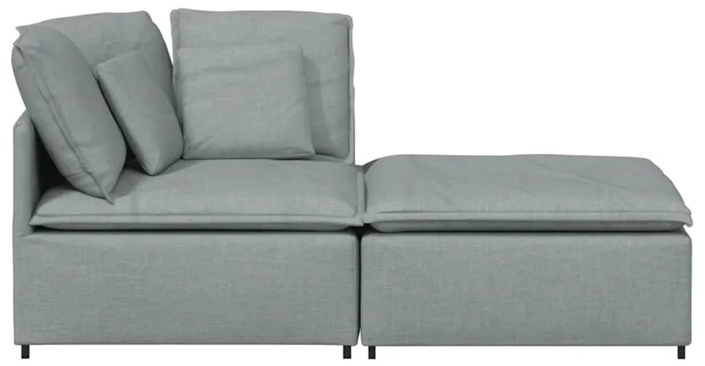 Sofá modular com pufes e almofadas tecido cinzento-claro