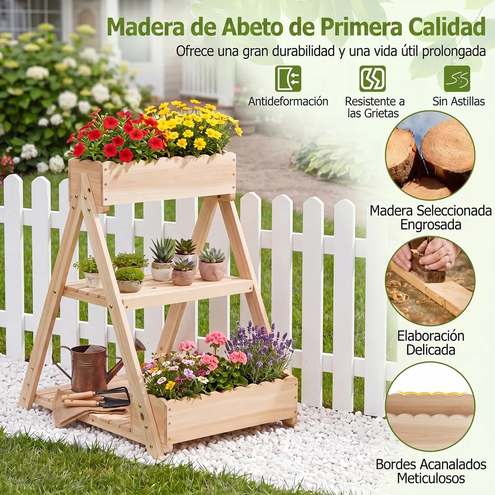 Floreira Elevada 66 x 58 x 60 cm em Madeira de Abeto com 3 Vasos, 2 Estantes e Sistema de Drenagem para Flores, Frutas e Jardim Natural