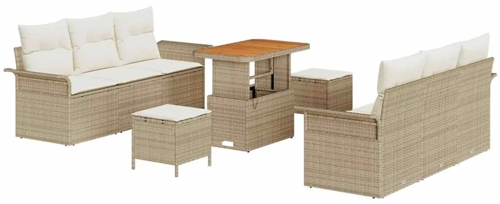 Conjunto de Sofá de Jardim com 9 peças e almofadas bege em rattan sint