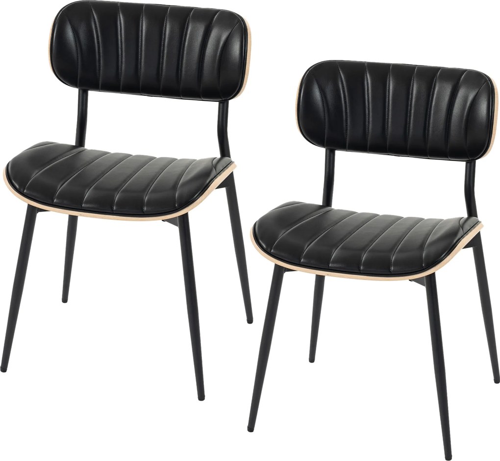 Conjunto de 2 cadeiras de sala de jantar, cadeiras de cozinha sem braços, encosto curvo e assento estofado em PU, preto