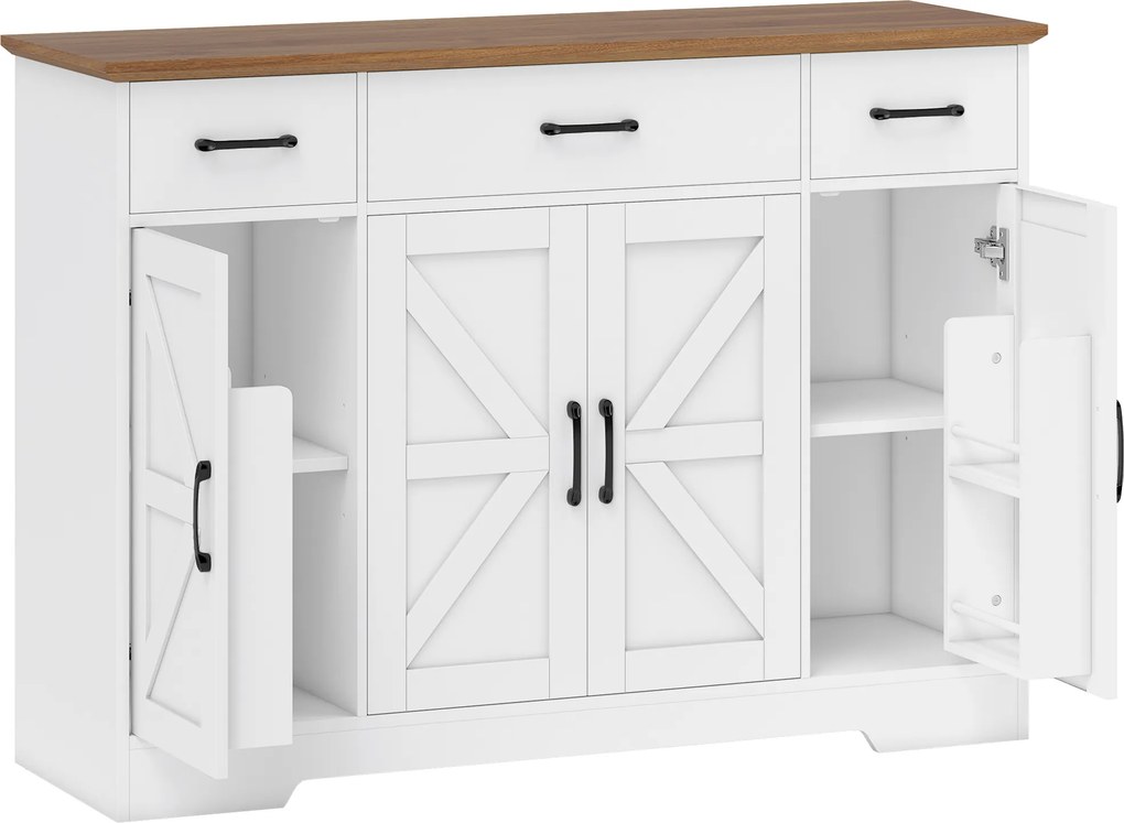 HOMCOM Aparador de Cozinha Rústico, Móvel de Cozinha com Portas Soft-Close, 3 Gavetas, 3 Prateleiras Ajustáveis, Porta-Temperos, Branco | Aosom Portugal