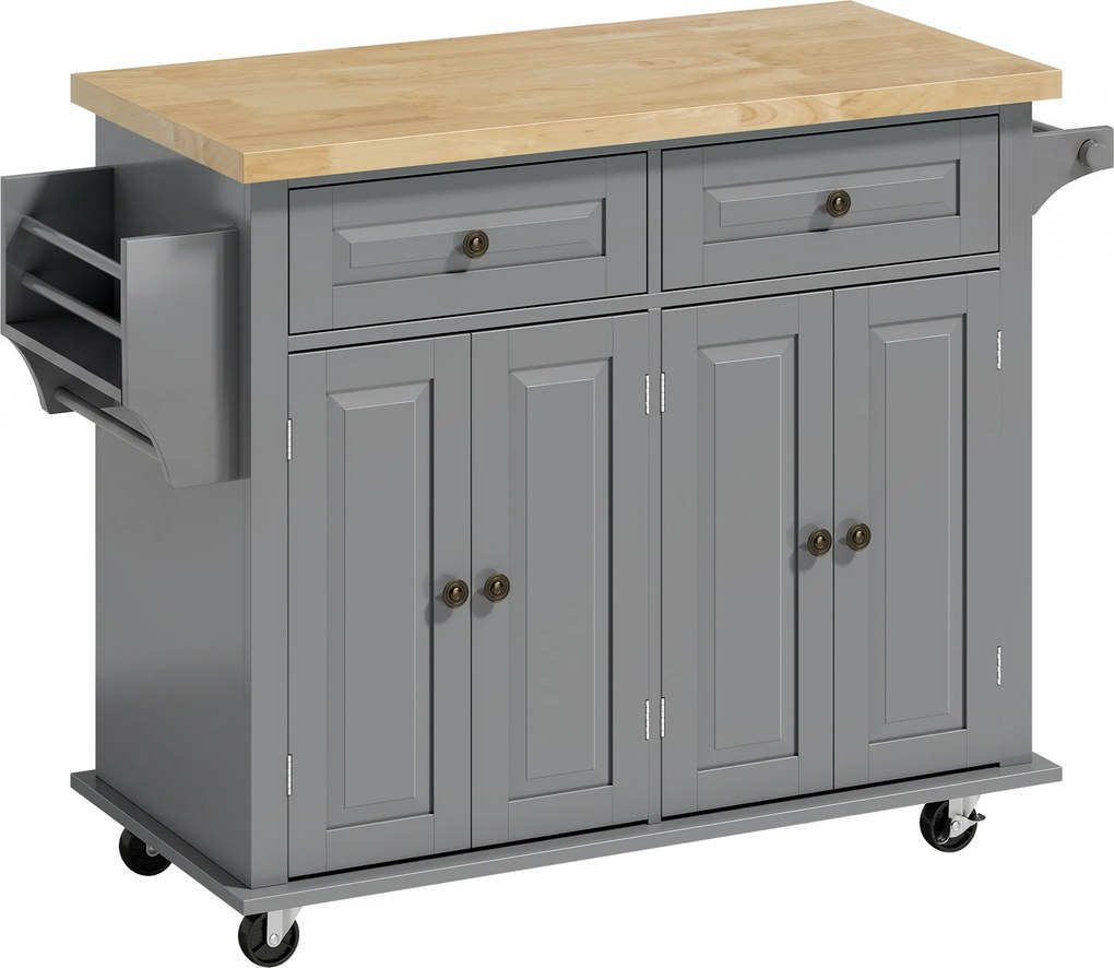 HOMCOM Ilha de Cozinha com Rodas 2 Gavetas 4 Portas Suporte para Temperos e Barra Lateral 111x44,5x82,5 cm Cinzento e Madeira | Aosom Portugal