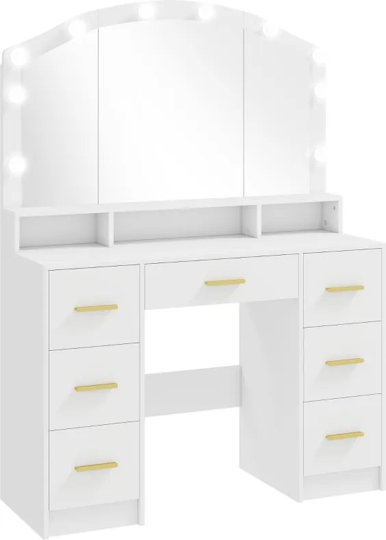 Toucador maquilhagem com 10 Luzes LED de 3 Cores 110x40x150 cm com Espelho 7 Gavetas 3 Compartimentos Moderno Branco