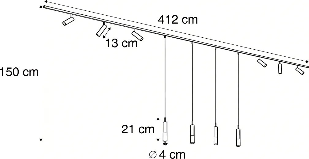 Sistema de calhas de iluminação moderno preto com 6 focos e 4 candeeiros suspensos bronze escuro monofásico - Slimline Uzzy Loyce