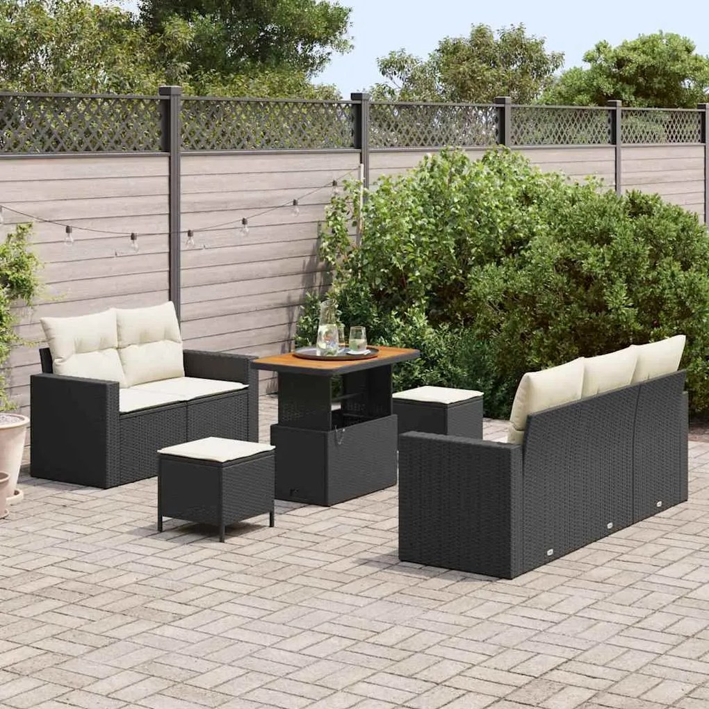 Conjunto de Sofás de Jardim de 8 Peças com Almofadas Rattan Preto Acác