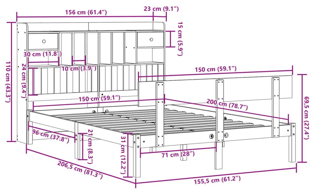 Cama com estante sem colchão 150x200 cm pinho maciço branco