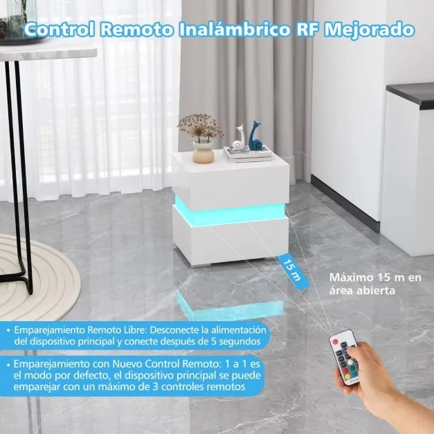 Mesa de cabeceira LED com gavetas Controlo remoto 22 modos dinâmicos Mesa de apoio moderna para sala de estar Quarto 45 x 35 x 45 cm Branca