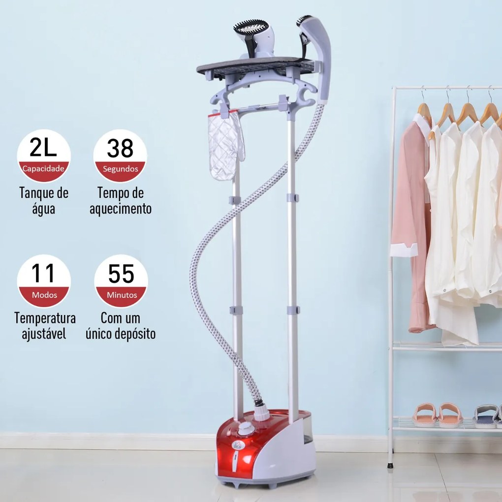 Escova de vapor de roupas Temperatura 1800W ajustável a 11 níveis Centro de engomar vertical com barra dupla e tanque de 2L em 38 s de aquecimento