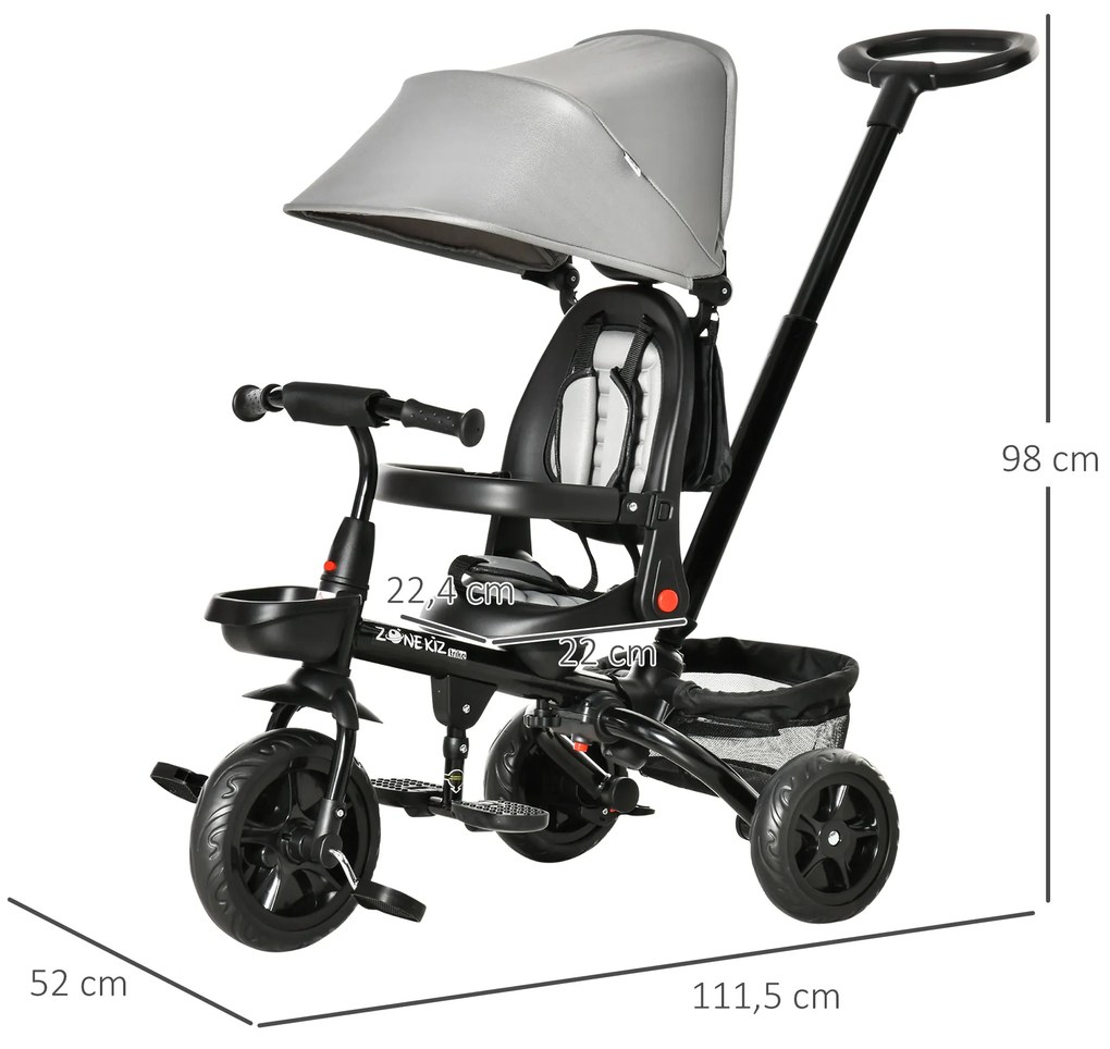 Triciclo Infantil 4 em 1 Bicicleta para Crianças 1-5 Anos com Assento Giratório Capô Ajustável Guidão de Empurre e Apoio para os Pés Dobrável 111,5x52