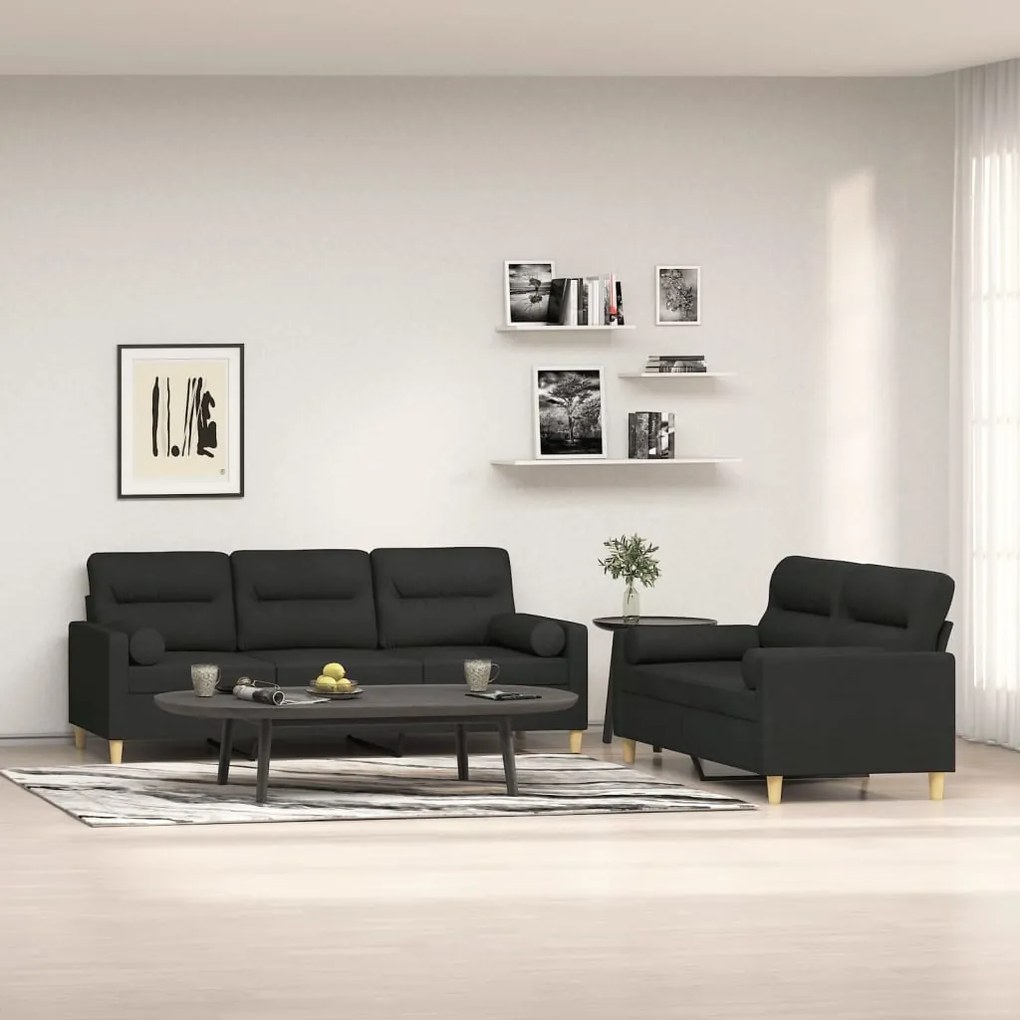 vidaXL 2 pcs conjunto de sofás c/ almofadões tecido preto