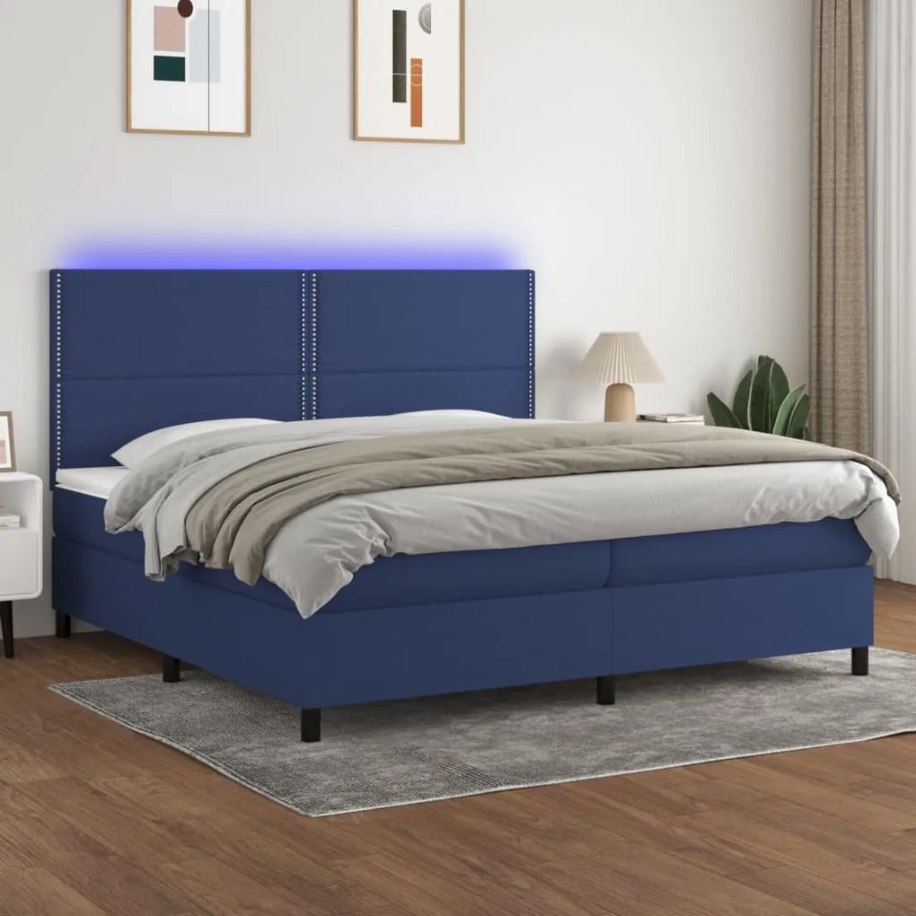 Cama box spring c/ colchão e LED 200x200 cm tecido azul