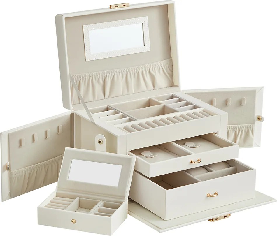 Caixa para joias de 3 níveis 18,2 x 26 x 17,4 cm com revestimento em PU em branco