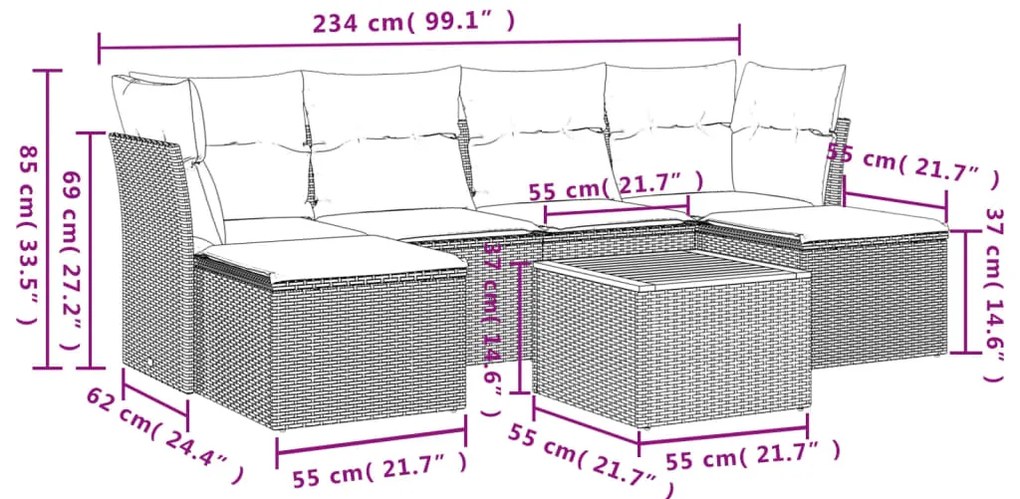 7 pcs conjunto de sofás p/ jardim com almofadões vime PE bege