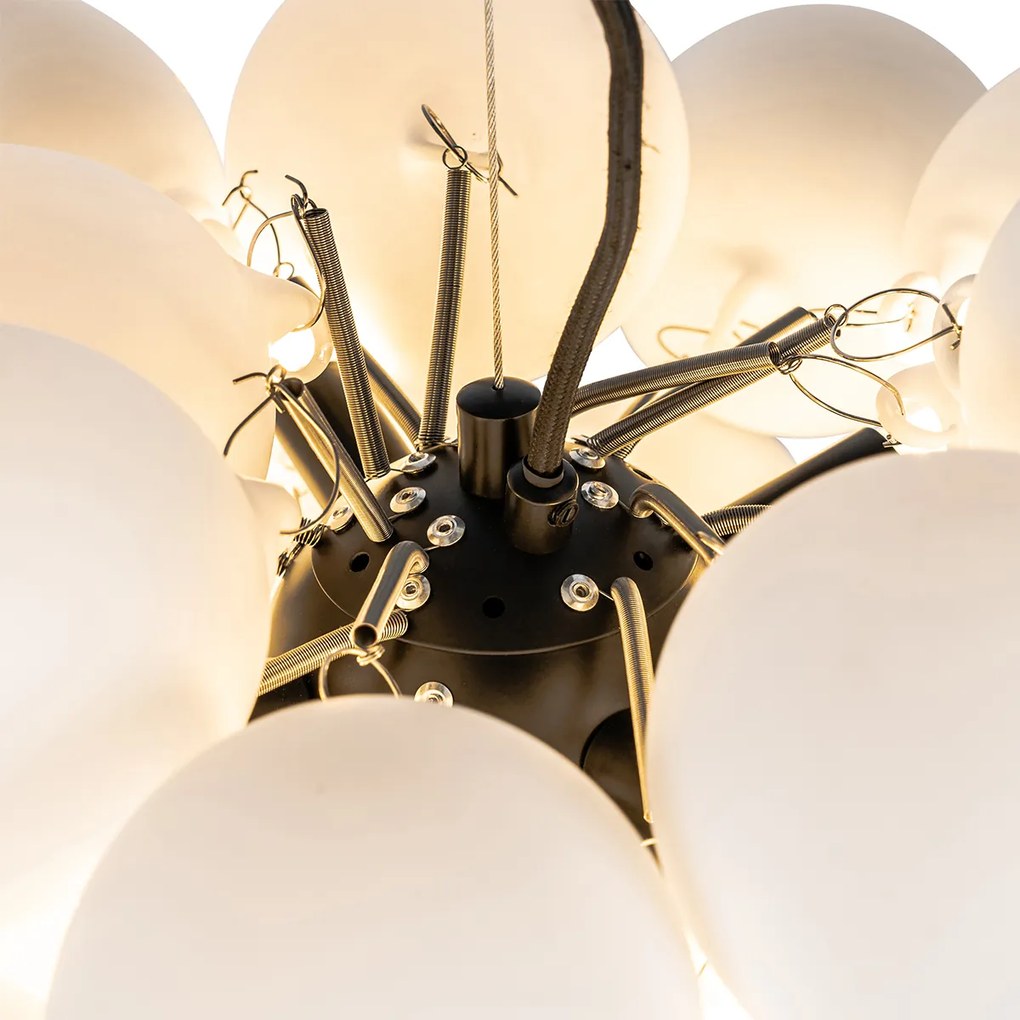 Candeeiro de suspensão Art Deco preto com vidro opalino 8 luzes redondo - Uvas Design,Art Deco