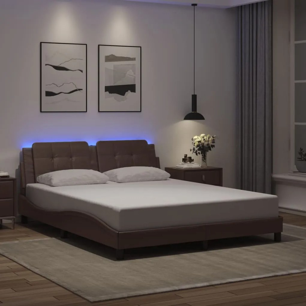 Estrutura cama c/ luzes LED 160x200cm couro artificial castanho