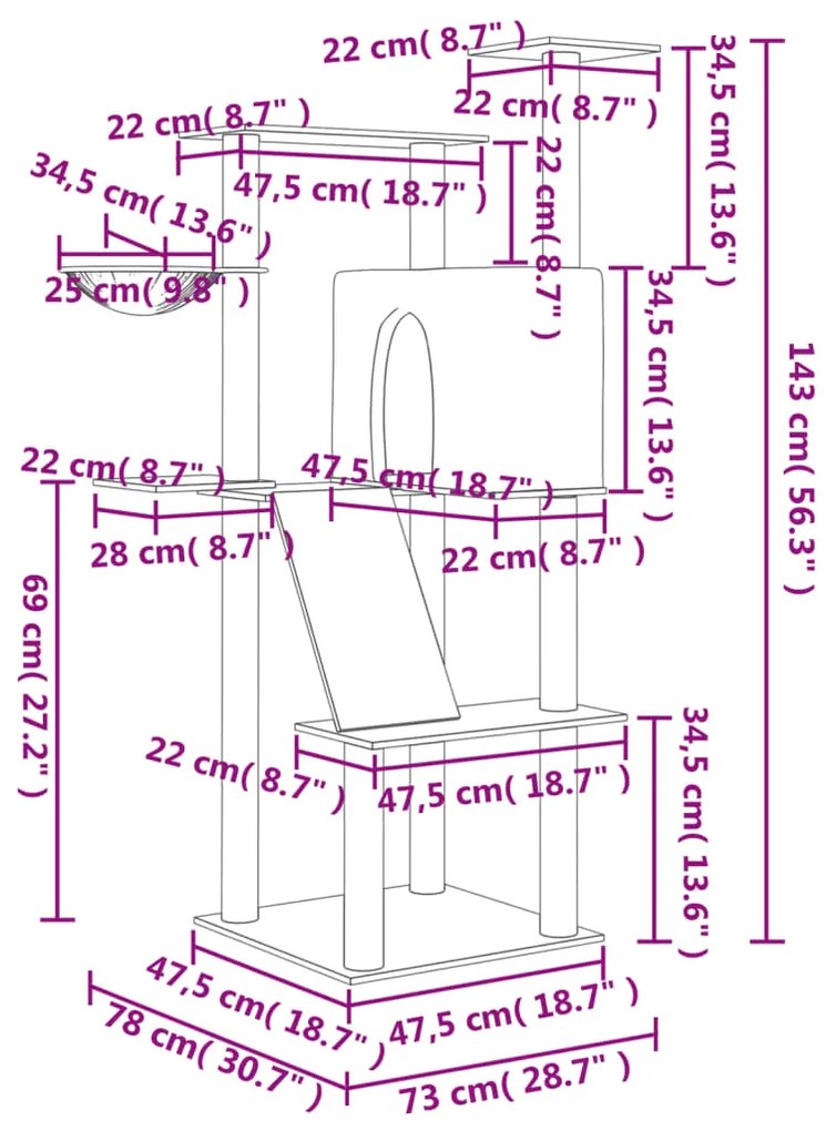 Árvore p/ gatos c/ postes arranhadores sisal 143 cm cinza-claro