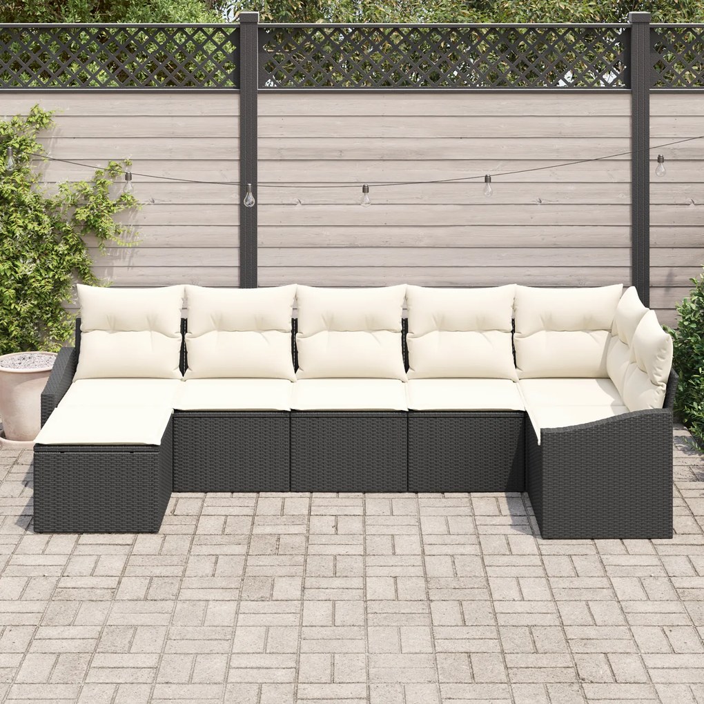 Conjunto de Jantar de 7 Peças com Almofadas Preto Polirattan
