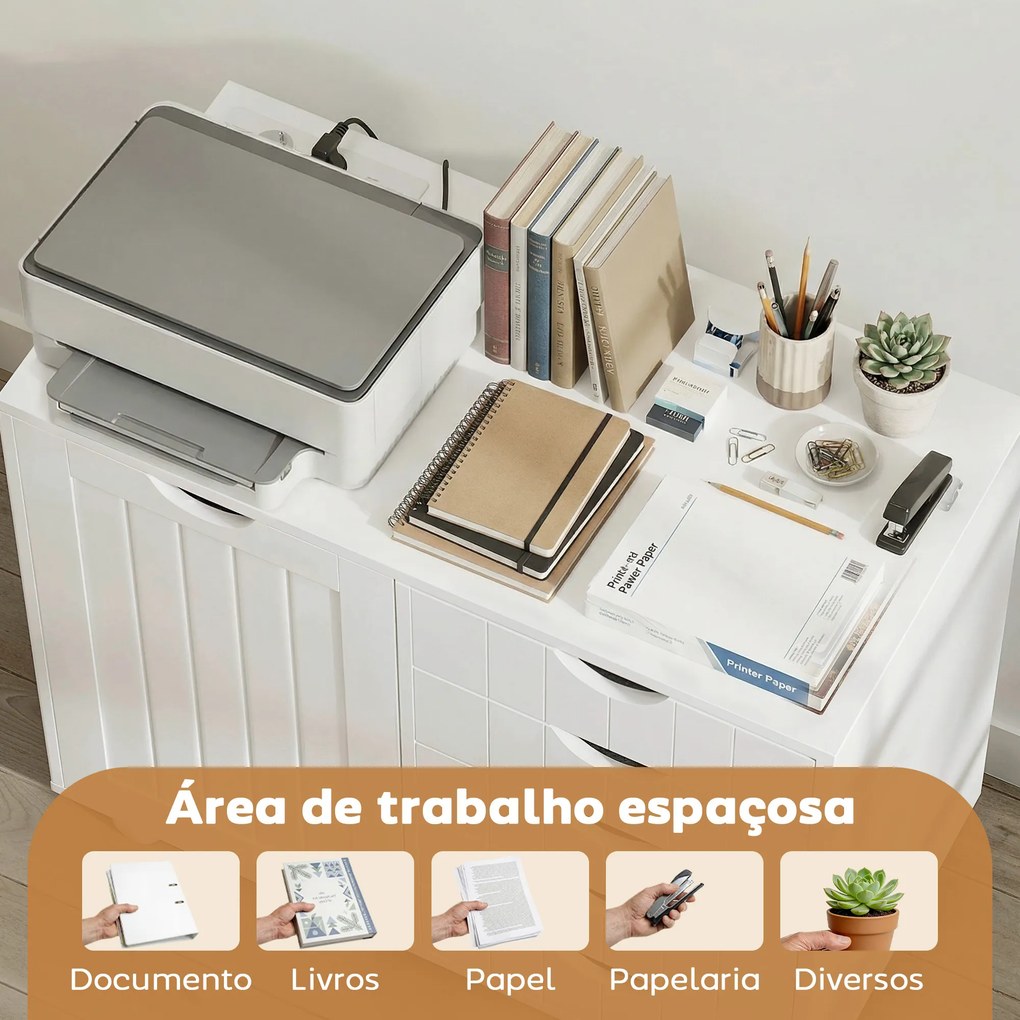 Móvel para Impressora com Estação de Carga e Rodas 5 Gavetas Portas USB Prateleira Ajustável Branco
