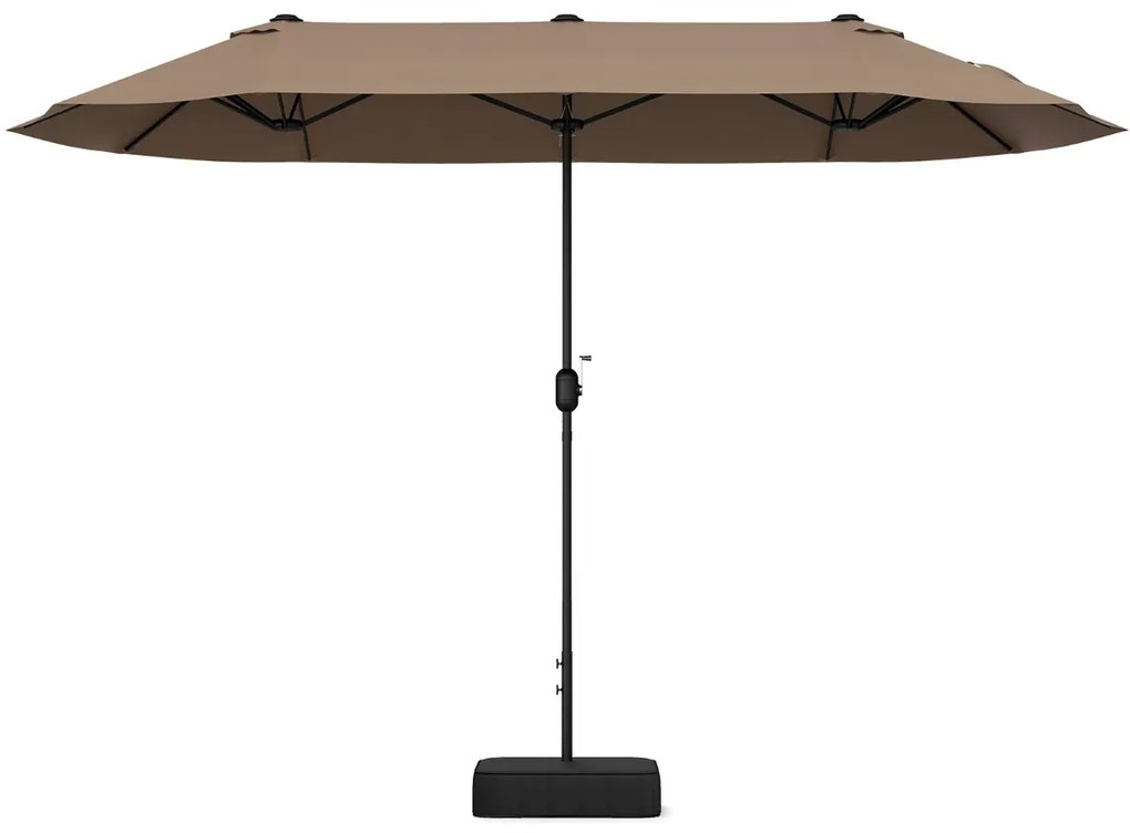 Guarda-sol duplo para jardim com base recarregável, manivela e 12 hastes de alta resistência Castanho