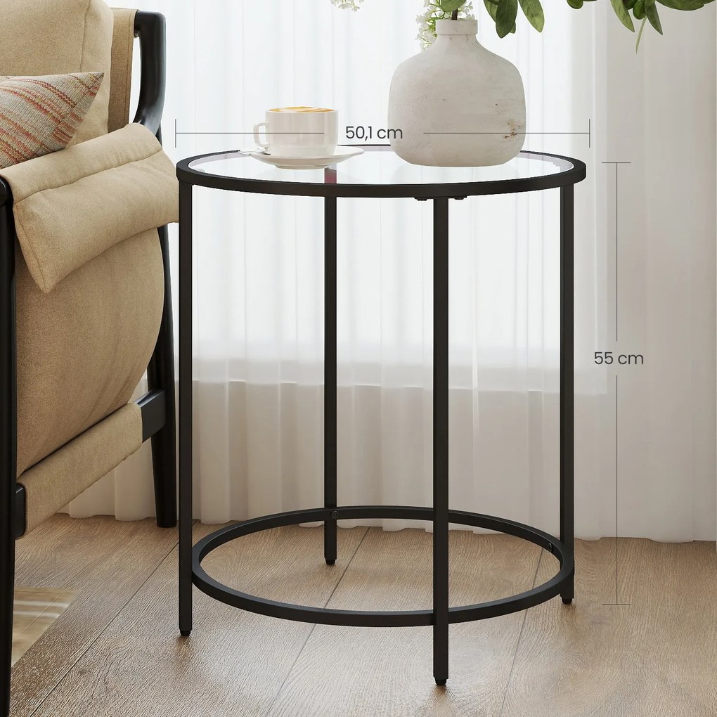Mesa lateral redonda pequena, vidro temperado e estrutura metálica 50 x 55 cm (Ø x A) preta