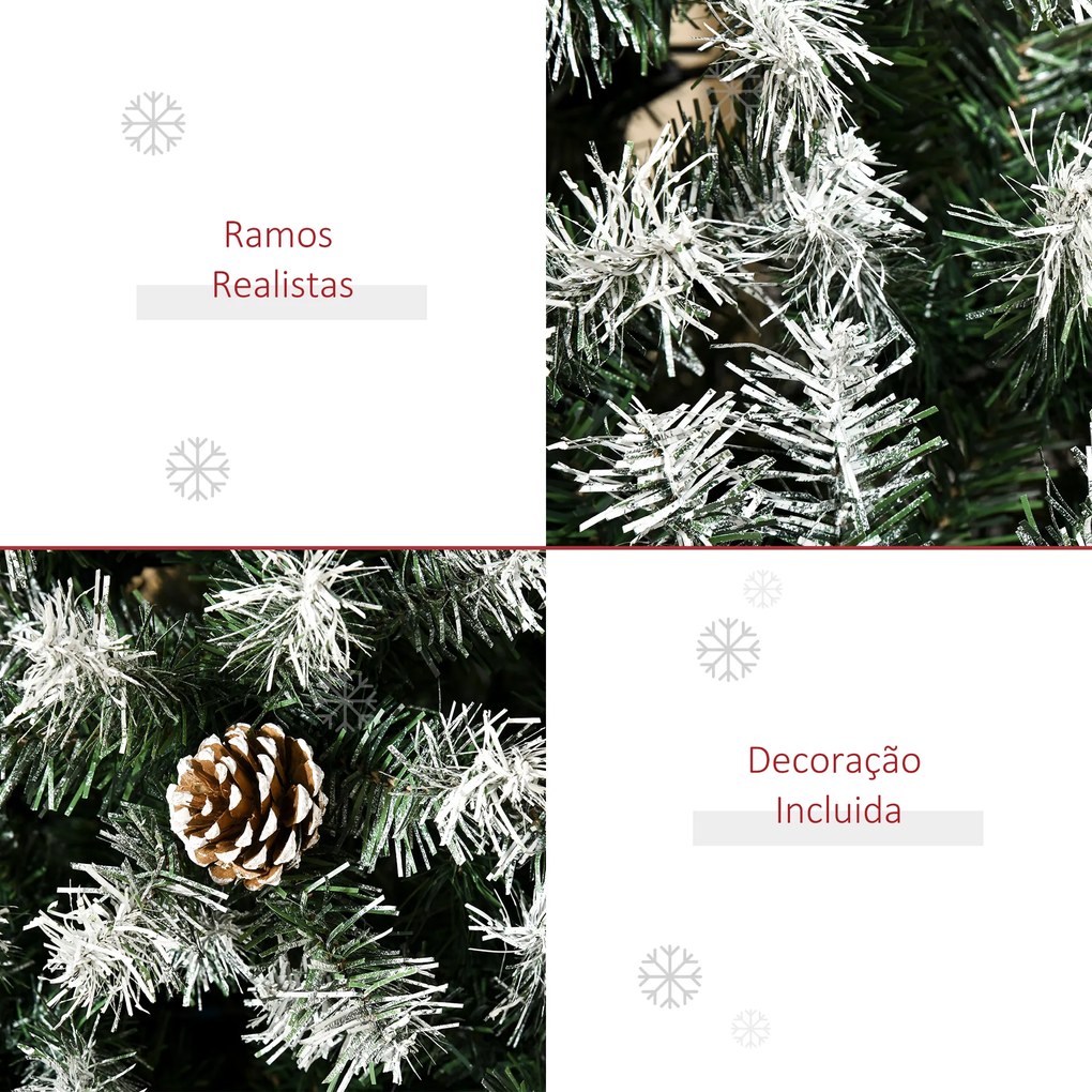 HOMCOM Árvore de Natal Artificial 180cm com 800 Ramos e 61 Pinhas Folhas de PVC com Efeito de Neve Base Dobrável e Suporte Metálico para Interiores Verde