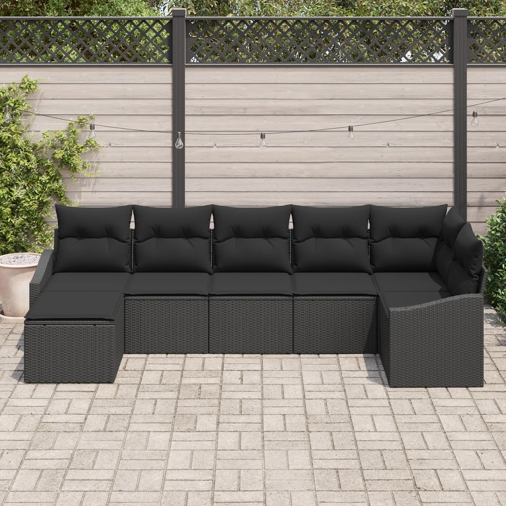 Conjunto de Jantar de 7 Peças para Jardim com Almofadas Preto Rattan P