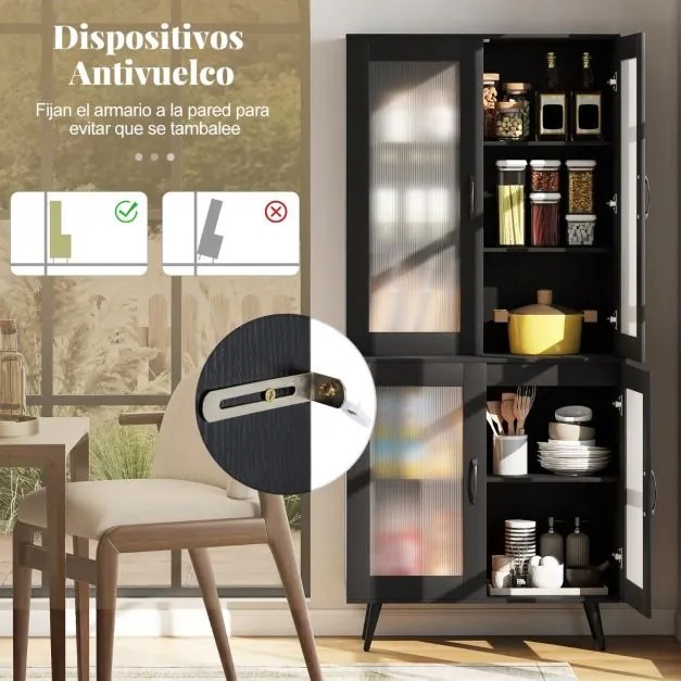 Armário despensa de cozinha 80 x 40 x 178,5 cm, com 4 portas transparentes e prateleira ajustável preta