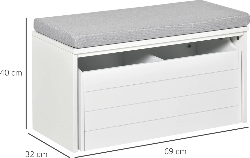 Banco de arrumação com almofada cinzenta 69 x 32 x 40 cm Móvel para sapatos - Banco para sapatos com gaveta grande de dois compartimentos branco
