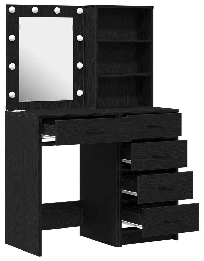 Conjunto de Mesa de Maquiagem de 2 Peças com LED em Madeira Pretas