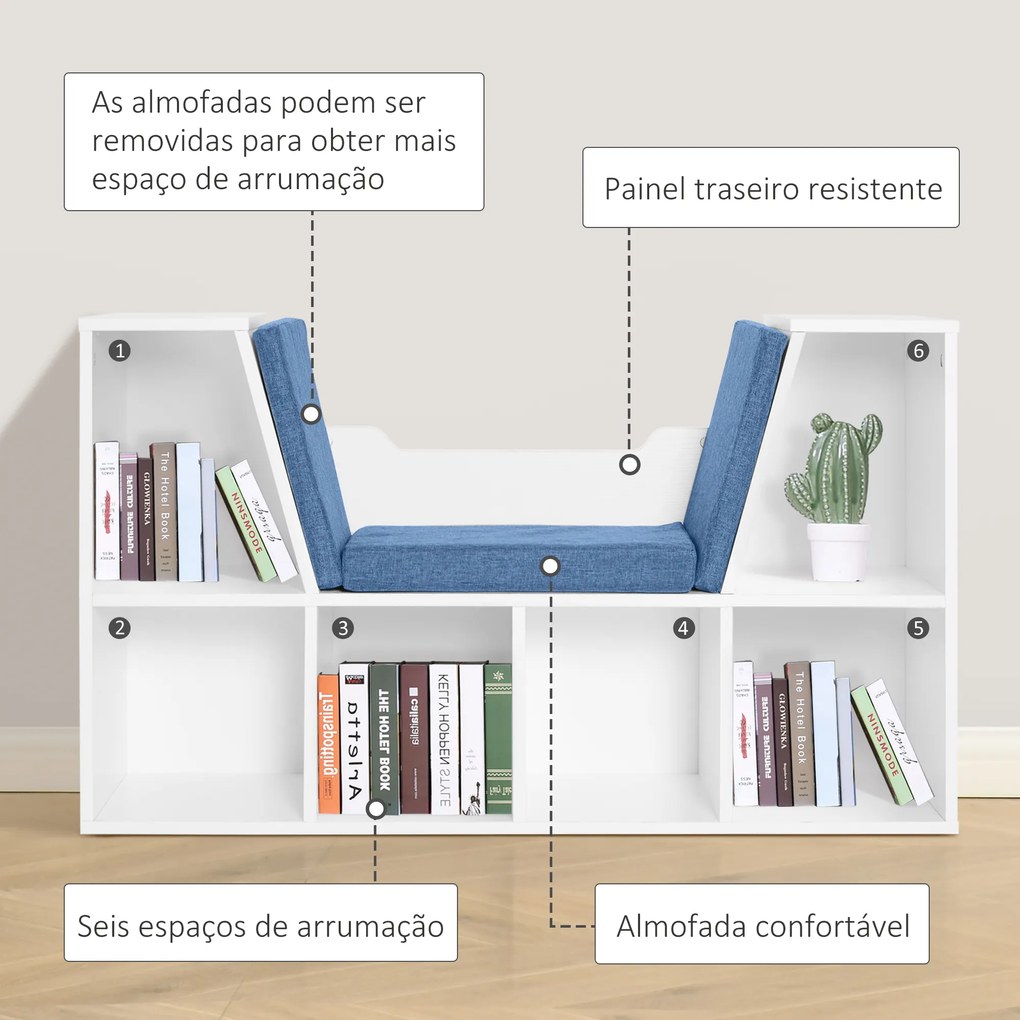 Estante para Livros com Banco Integrado e 6 Cubos com Assento 102x30x61 cm Branco e Azul