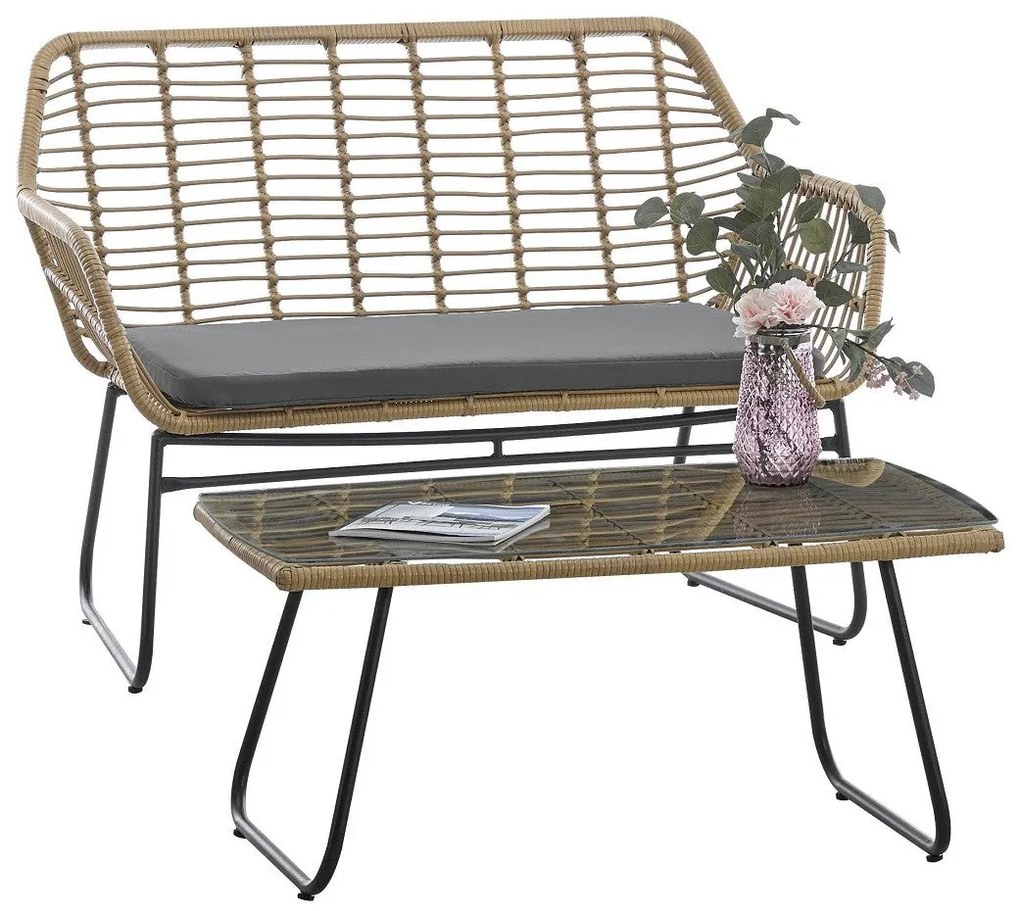 Sofá de Jardim KROYA – 2 Lugares – 120x69x84 cm – Metal Preto, Ratán B