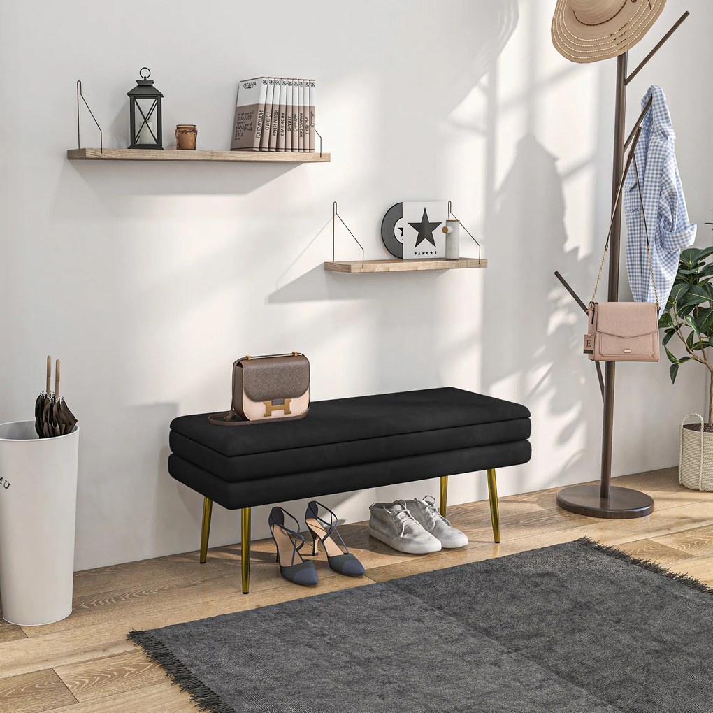 Banco com baú de arrumação 2 em 1, 100 x 37,5 x 42 cm assento com acabamento em veludo e pés em aço - preto e dourado