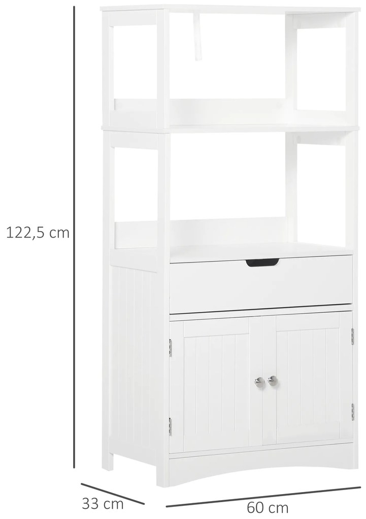 Armário para Banheiro com 3 Prateleiras Gaveta e 2 Portas Móvel de Armazenamento para Cozinha, Sala de estar Dormitório 60x33x122,5cm Branco