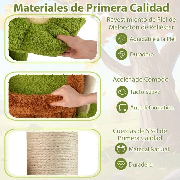 Arranhador para gatos para gatos com tronco, poleiro em forma de flor, cama, pompons, postes e painel para arranhar, verde e castanho